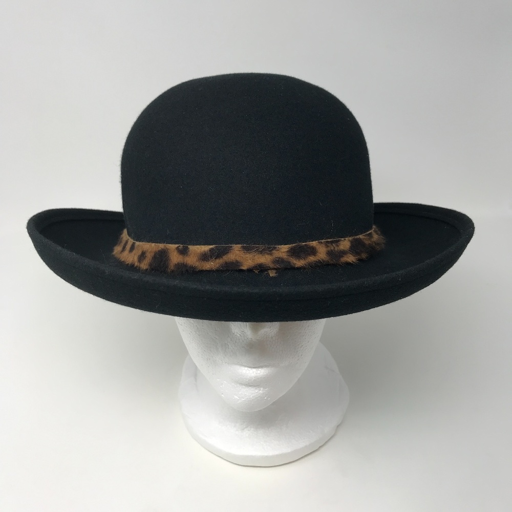 Hat Attack NY Black 100% Wool Hat Leopard Trim Bow